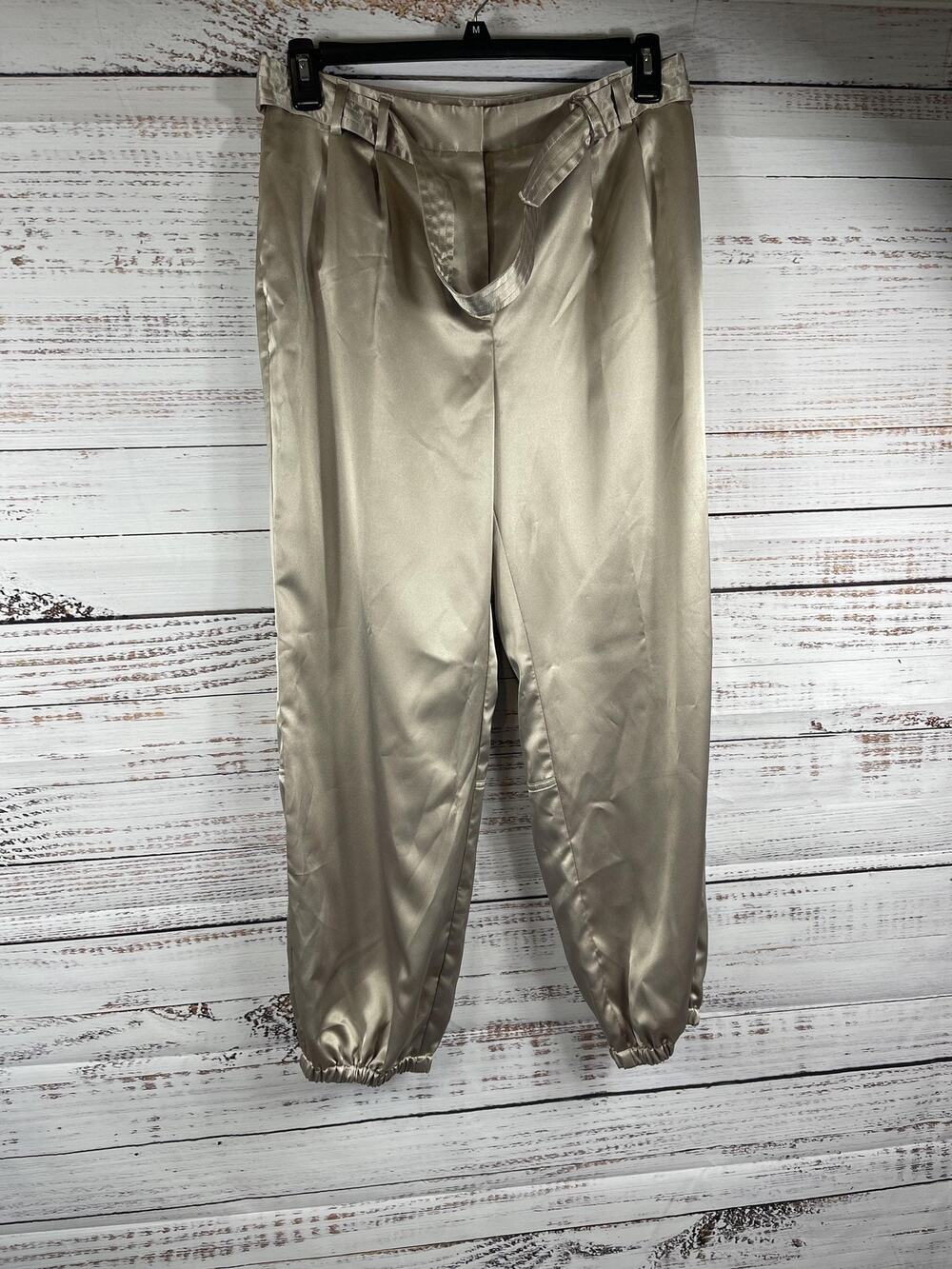 Maeve Anthropologie Pants Women's 10 Gold Satin High Rise Jogger Belted Cuffed